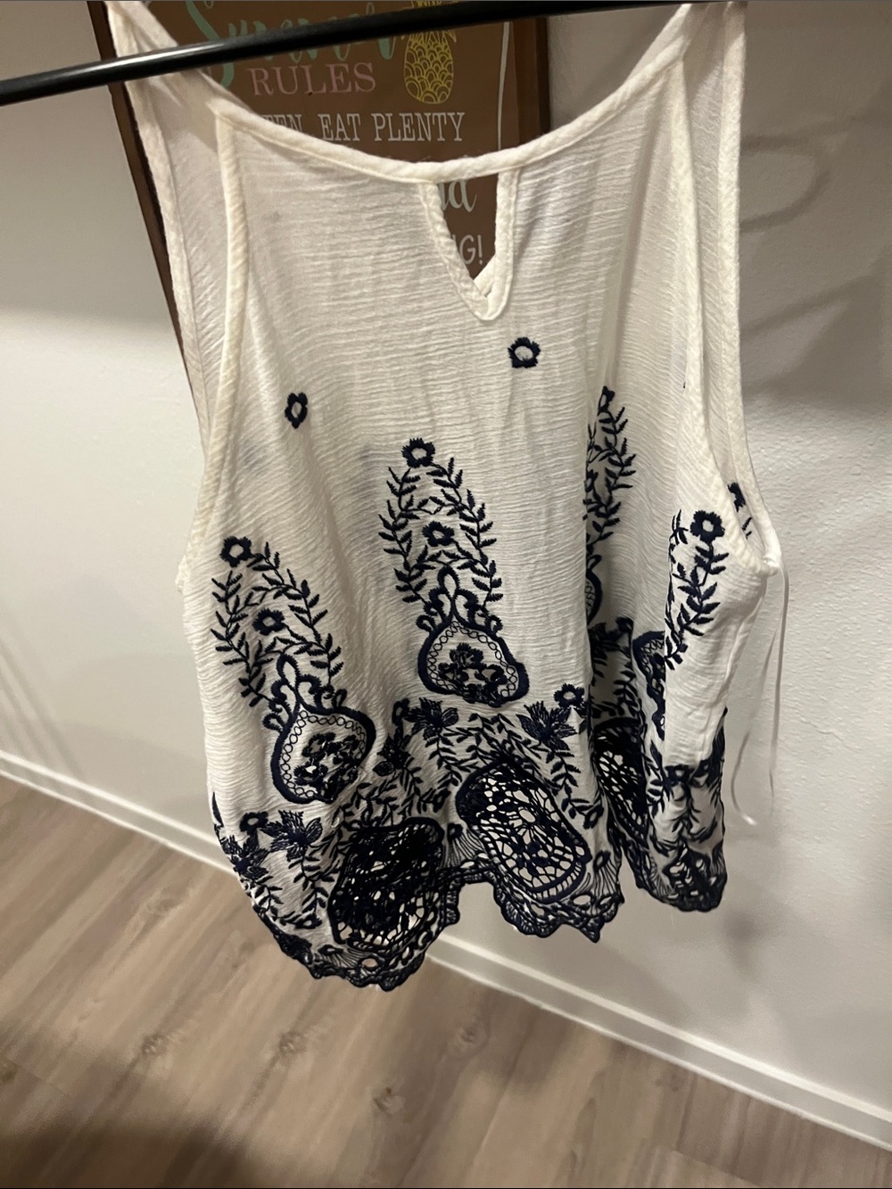 Sweet Rain White Camisole with Navy Embroidery